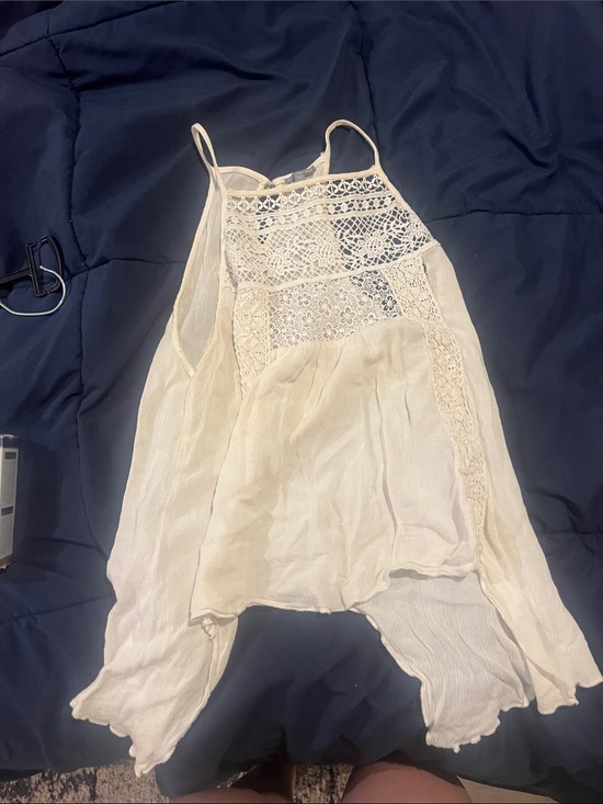 Tops - Cream Lace-Detail Flowy Tank Top